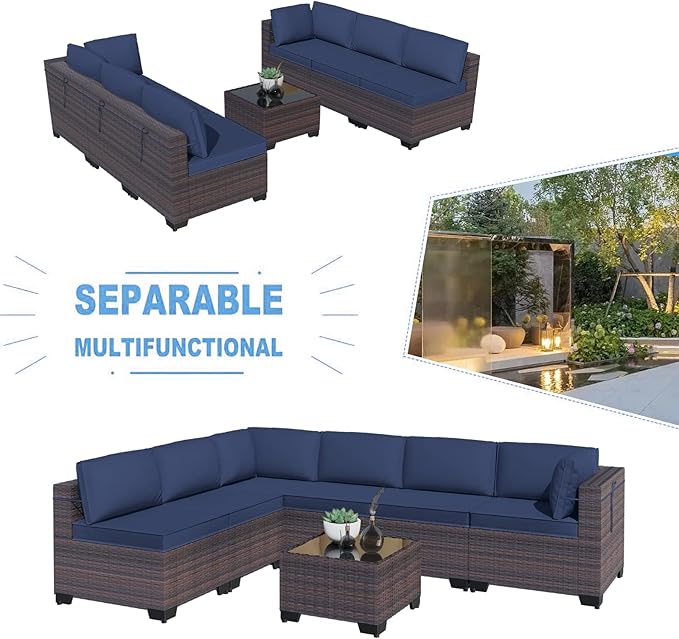 Kullavik 7 Pieces Outdoor Patio Furniture Set,Wicker Outdoor Sectional Sofa,All-Weather Patio Conversation Sets with Washable Thick Cushions & Coffee Table for Garden,Backyard,Balcony,Porch,Navy Blue