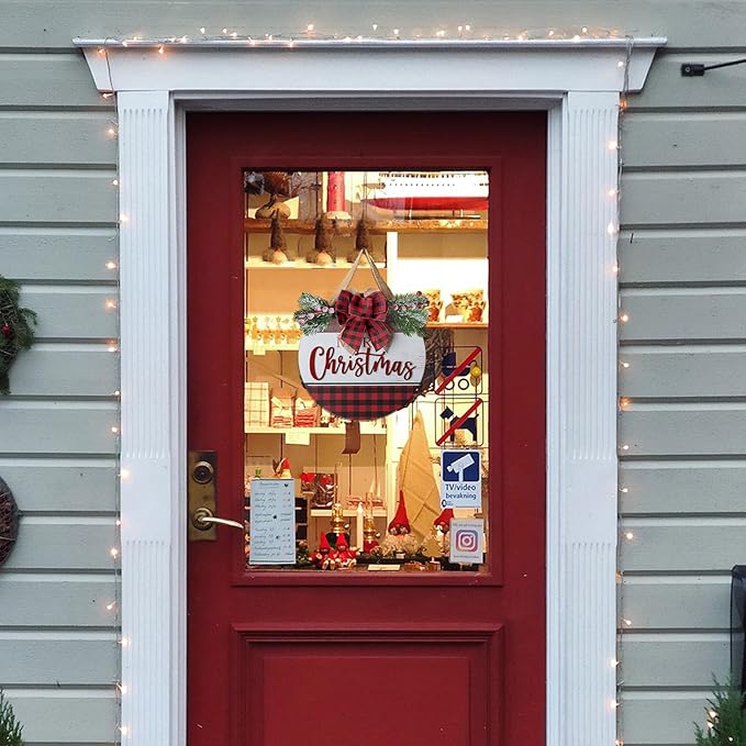 Christmas Sign for Front Door Wall Decor - Walasis Merry Christmas Signs Hanging for Indoor with Buffalo Plaid Bow Farmhouse 12 inch Red Xmas Wreath Hanger Decorations