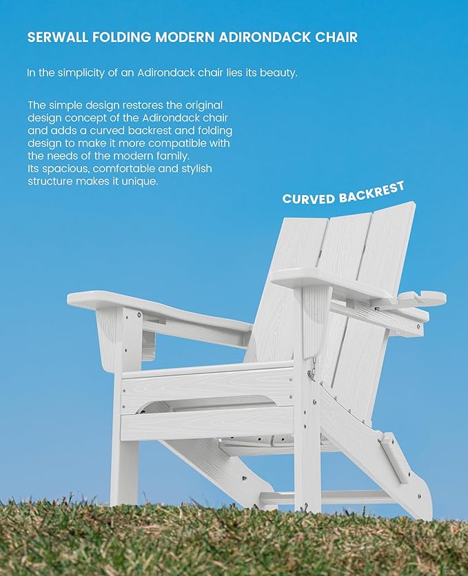 SERWALL Modern Folding Adirondack Chair Set of 8, All Weather Resistant Outdoor Adirondack Chair with Cup Holders, HDPE Adirondack Chair for Patio Lawn Garden, White