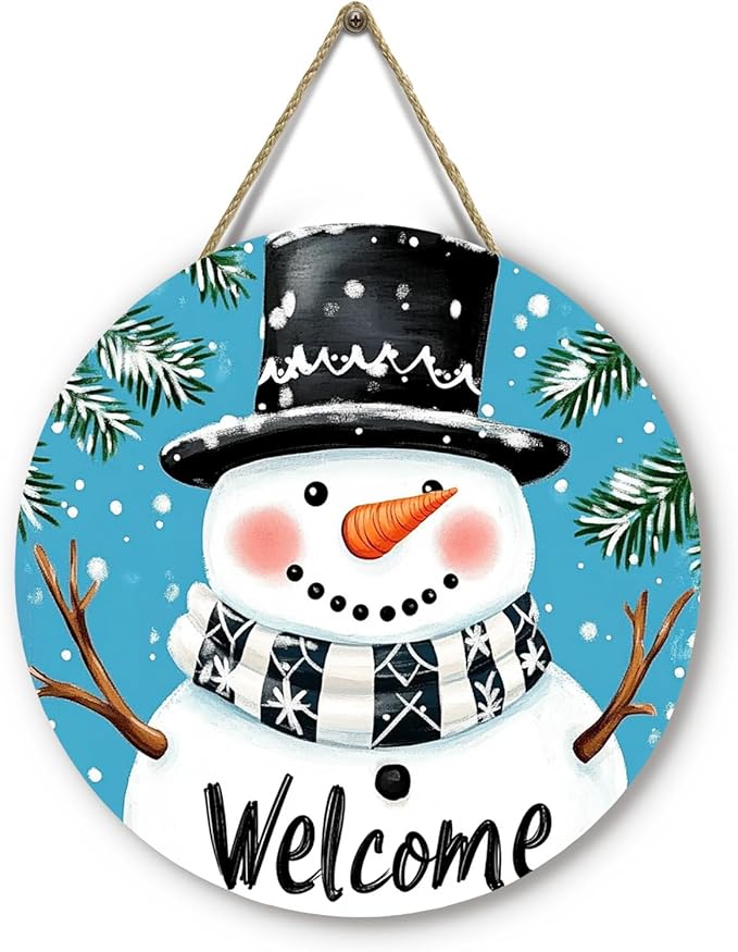 Winter Snowman Welcome Door Sign for Front Door Blue Snowman Snowflakes Wooden Door Hanger Holiday Hanging Porch Wall Sign Farmhouse Seasonal for Home Decorations 12 x 12 inch