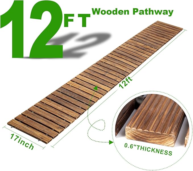LINSHRY 12FT Wooden Garden Pathway, Outdoor Roll Out Decorative Garden Walkway, Weather-Resistant Non-Slip Hardwood Pathway for Garden, Backyard, Beach, Wedding Party Pathways(Dark Brown)