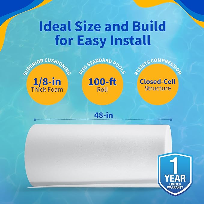 Blue Wave Closed Cell Pool Wall Foam for Above Ground Pools – 48-in x 75-ft x 1/8-in High-Density Padding, Insulating Liner Barrier – Reduces Heat Loss and Prevents Wear and Tear – White
