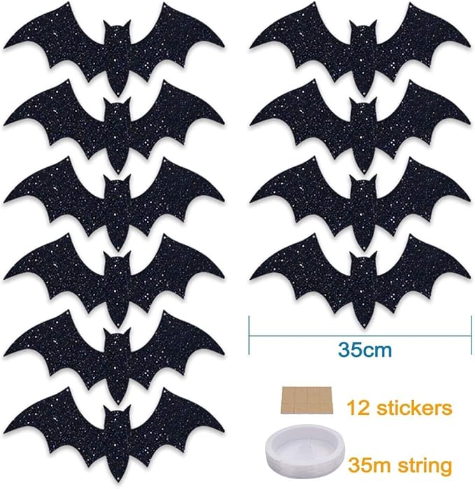Halloween Decorations Outdoor: 10Pcs Hanging Bats Stickers Wall Decals Window Sticker, Large 3D Bats with glitter Removable Halloween Yard Front Door Porch Decoration Party Gothic Decor Indoor
