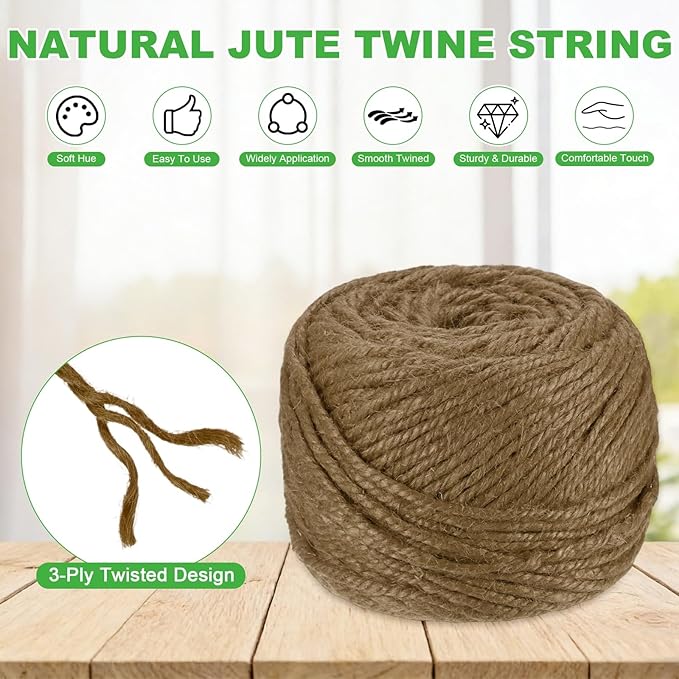 2-Pack Natural Jute Twine String, 3mm x 328ft/100m Long Garden Twine Balls for Crafts/Gift Wrapping/Gardening Plants, Durable Plant Ties Thick Rope [Dark Brown]