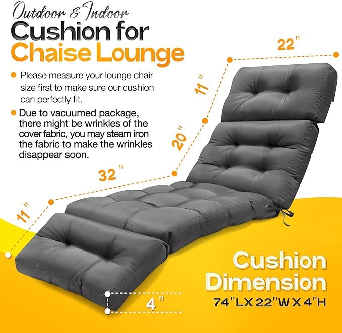 MAGIC ELEPHANT Chaise Lounge Cushion Outdoor, Memory Foam Patio Lounge Chair Cushion with Ties for Indoor Outdoor Furniture, Water-Repellent Replacement Long Chair Cushion (Grey)
