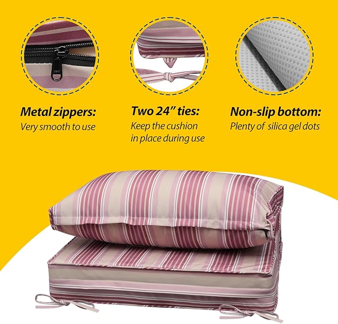 AAAAAcessories Outdoor Seat Cushions for Chairs, Fade-Resistant, Waterproof Patio Furniture Replacement Cushions, 25.5" x 25.5" x 5" + 25.5" x 13.5", Set of 4, Dusty Rose Garden Stripe