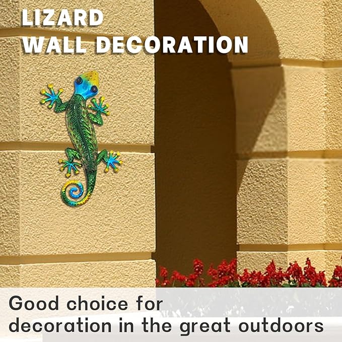 POXOHO Metal Gecko Wall Decor - Durable Outdoor Lizard Wall Art for Garden, Patio, Yard | Handcrafted Steel Lizard Sculpture with Rust-Resistant Coating | 3D Textured Reptile Decor (14 Inch)