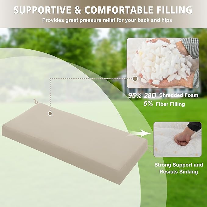 Outdoor Bench Cushion Waterproof 59"x18" – Fade-Resistant Patio Furniture Cushion with Ties for Loveseat, Porch Swing or Indoor Bench Replacement, Cream