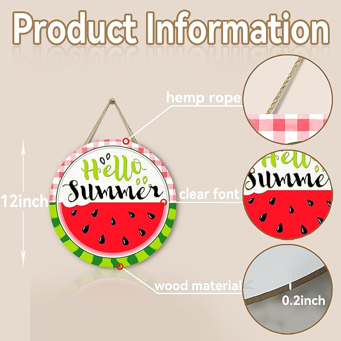 Hello Summer Watermelon Door Sign Summer Welcome Sign for Front Door Red Green Buffalo Plaid Wooden Door Hanger Outdoor Porch Decor Seasonal Farmhouse Hanging DecorationS 12 Inch