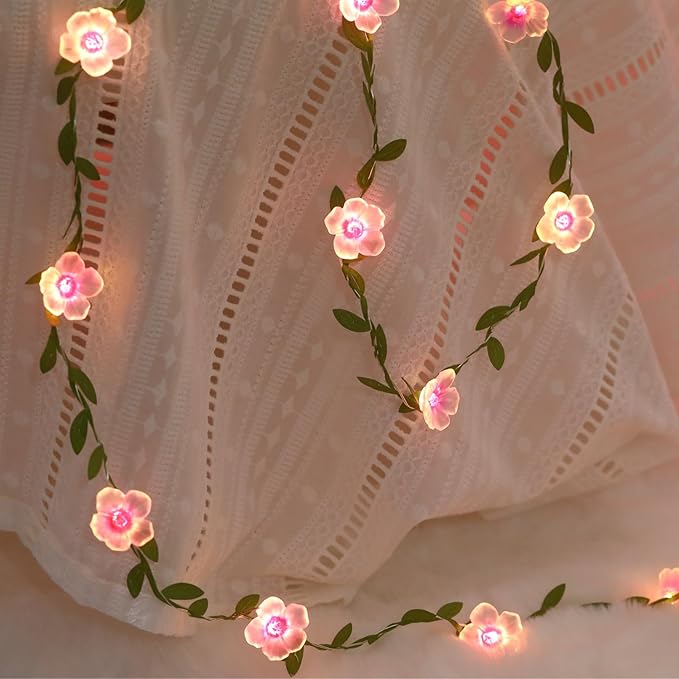 2 Count Cherry Blossom Vine Lights 13ft 40 LED Flower String Lights USB Plugin & Battery Operated Fairy Lights with Timer 8 Modes Remote Decorative Light for Bedroom Wedding Party, Warm White