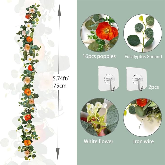 5.74 FT Artificial Poppies Flower Garland, Floral Garland Greenery Vines with Eucalyptus Hanging Flowers Vines for Home Wedding Mantle Table Outdoor Decor (Mixed Colors)