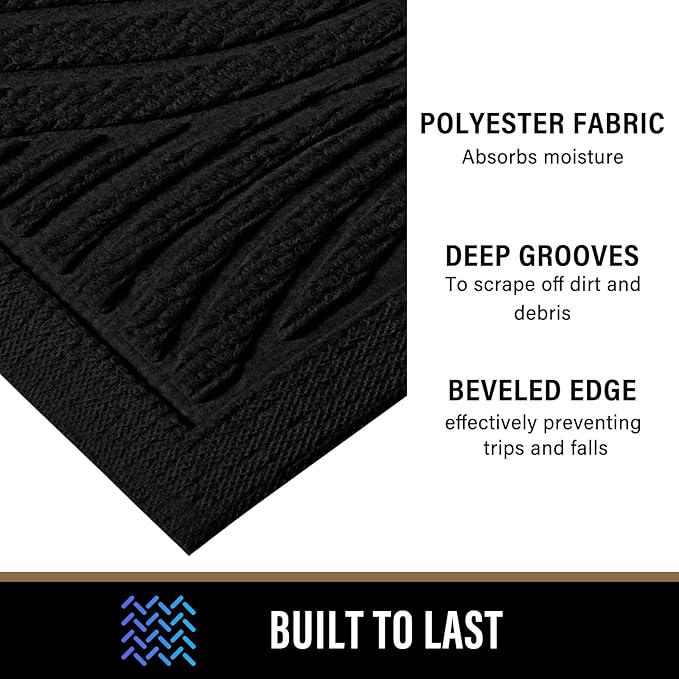 PLEASOR Front Door Mat Outside Entrance, Absorbent and Dirt Resistant Welcome Mat Indoor Outdoor, Non-Slip Backing Entry Mat, Fade Resistant, Easy Clean Low Profile Doormat for Entryway, 29x17, Black