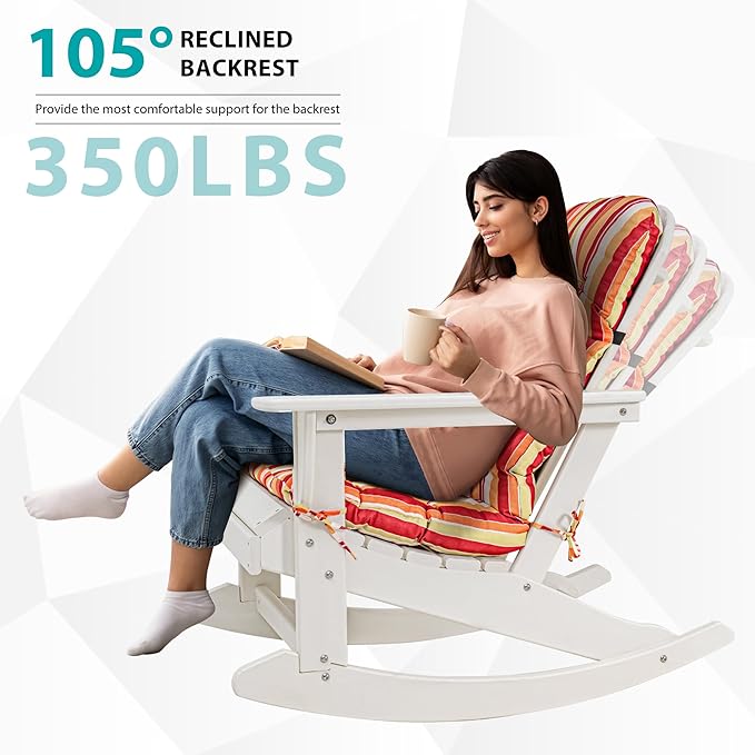 Sundale Outdoor Adirondack Rocking Chair with Cushion, HDPE Patio Plastic All Weather Adirondack Rocker, Water Resistant for Outside, Garden, Pool, Yard, White