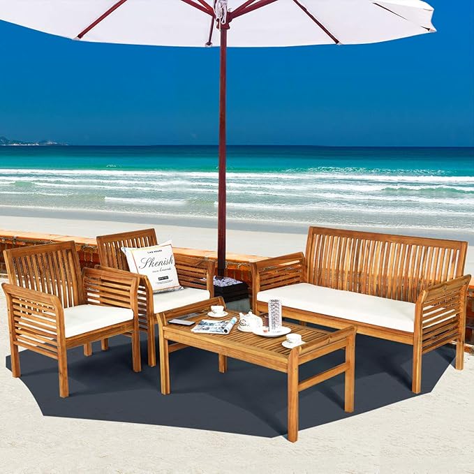 Tangkula 5 Piece Outdoor Acacia Wood Sofa Set with Wood Oil, Padded Patio Conversation Table Chair Set w/Coffee Table for Garden, Backyard, Poolside (Natural,2)