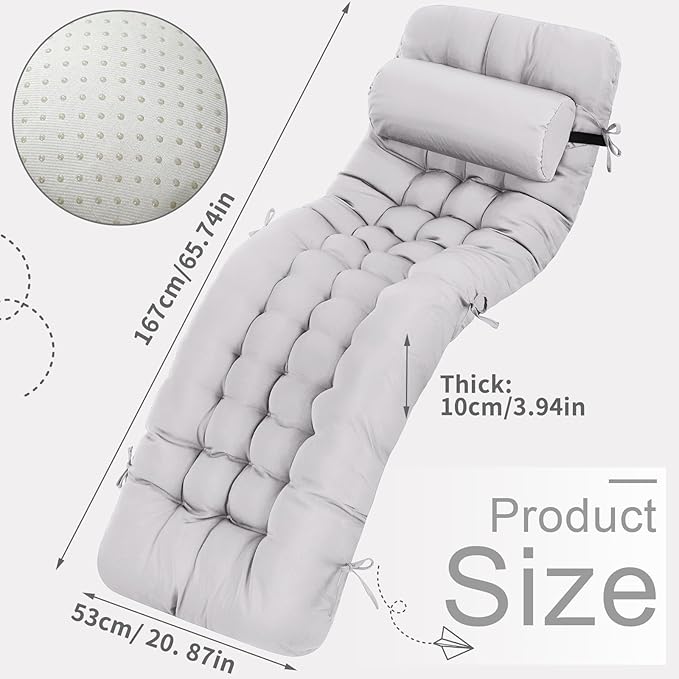 Tudomro 2 Pcs Light Gray 66'' Outdoor Chaise Lounge Cushion Waterproof Patio Lawn Pool Chaise Lounge Cushion with Headrest Pillow & Ties Weather Fade Resistant Replacement Longue Chair Pad