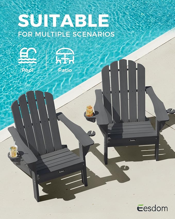 Adirondack Chairs Set of 4, HDPE Material Fire Pit Chairs, Plastic Adirondack Chairs with 2 Cup Holder, Outdoor Lawn Chair for Patio Garden, Dark Grey