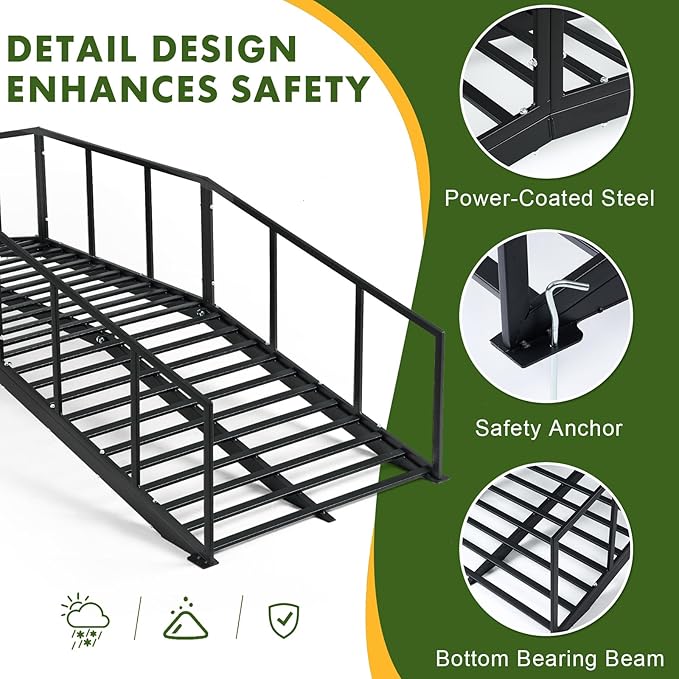 Metal Garden Bridge 8 FT with 4 Ground Stakes, 770 lbs Capacity Black Powder Coated Footbridge for Backyard, Lawn, Creek, Stream & Garden Decor