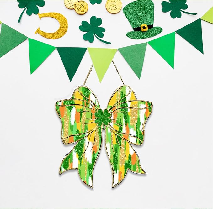 St Patricks Day Door Decorations, St Patricks Day Decorations, Shamrock Door Decoration, Gold Glitter Lucky Charm Shamrock Bow Wood Hanging Sign for Office Party Porch Yard Home Decor