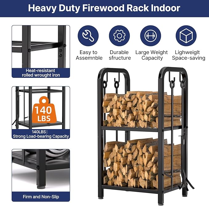 HONEST OUTFITTERS Firewood Rack Indoor, 2-Tier Firewood Rack Outdoor with 4 Pieces Fireplace Tools Set, Heavy Duty Log Wood Holder for Fireplace, Fire Pit, Wood Stove Black