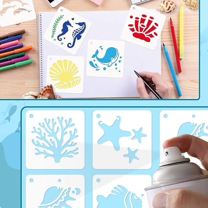 JULMELON Sea Life Stencils - 20pcs DIY Pattern Stencils for Wall, Floor Decor & Rock Painting Art Projects (3inch)