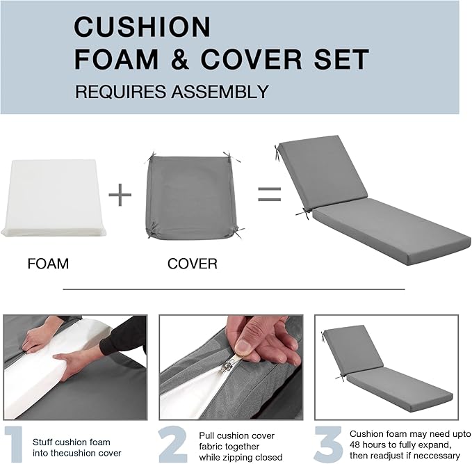 HOMREST 73.2x22.8x3.94 inches Lounge Chair Cushion Set of 2,Outdoor Chaise Lounge Cushion with Splash Fade Tear Resistant Fabric,Grey
