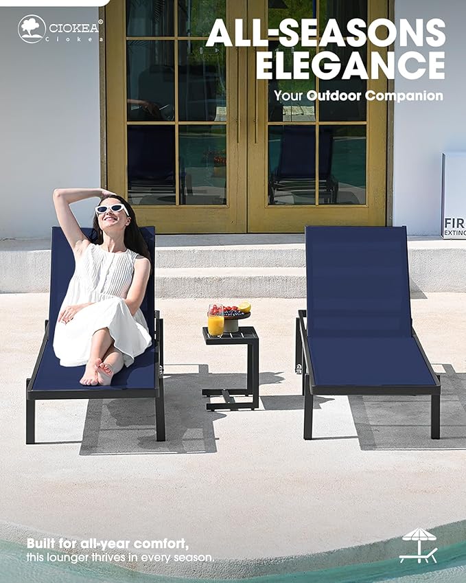Ciokea Patio Chaise Lounge Chair Set of 2, Outdoor Lounge Chairs with Wheels, 5-Position Adjustable Sun Loungers for Pool, Deck, Beach,Navy Blue