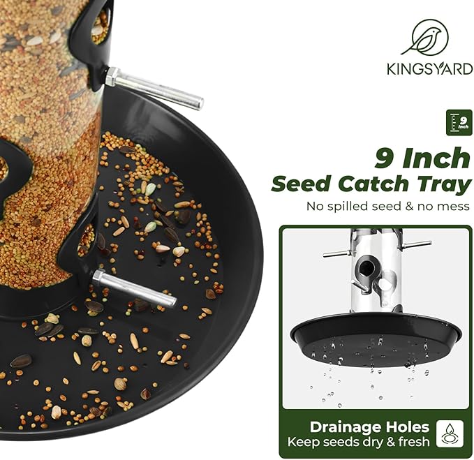 Kingsyard Metal Bird Feeders for Outdoors Hanging, Wild Bird Feeder with Large 11.5" Protective Dome and 8" Removable Tray, 3 lb Seeds Capacity (Black)