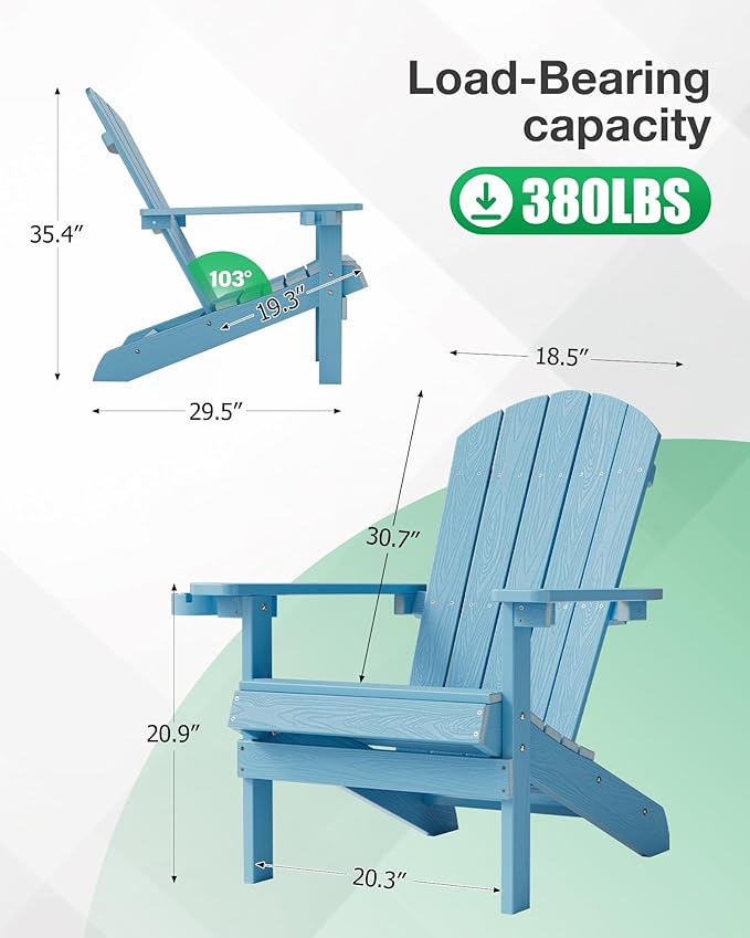 YEFU Adirondack Chairs Set of 4: Outdoor Chair HIPS Plastic Adirondack Chairs - Patio Chairs with Cup Holder & Wood Texture - Lawn Fire Pit Deck Porch Garden Chairs for Adults (Blue)