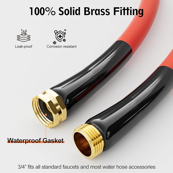5/8" Hot/Cold Garden Water Hose 75ft, -50℉ to 190℉, Flexible & Lightweight, Heavy Duty Rubber Pipe with 3/4" Brass Fittings for All-weather Outdoor, Yard, Farm, Red