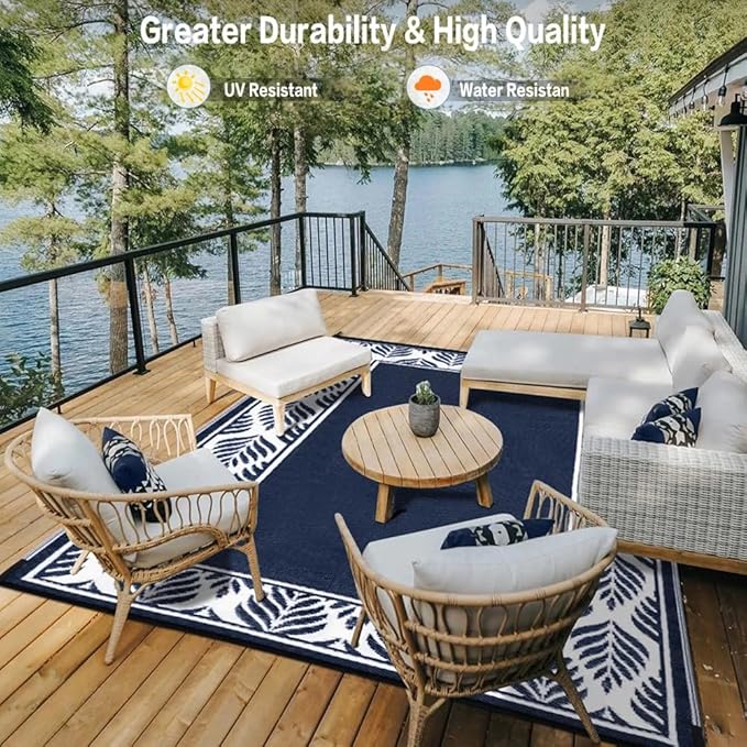 HUGEAR Outdoor Plastic Straw Rug, Waterproof Mat, Washable Large Floor Mat and Rug for Outdoors, RV, Beach, Patio, Camping, Backyard, Deck, Picnic,Indoor Outside (8x10ft,Olive-Leaf/Dark Blue&White)