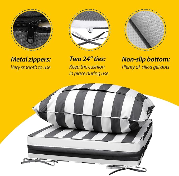 AAAAAcessories Outdoor Deep Seat Cushions, Waterproof, Fade-Resistant Patio Furniture Replacement Cushions, 25.5" x 25.5" x 5" + 25.5" x 19", Set of 4, Gray Cabana Stripe