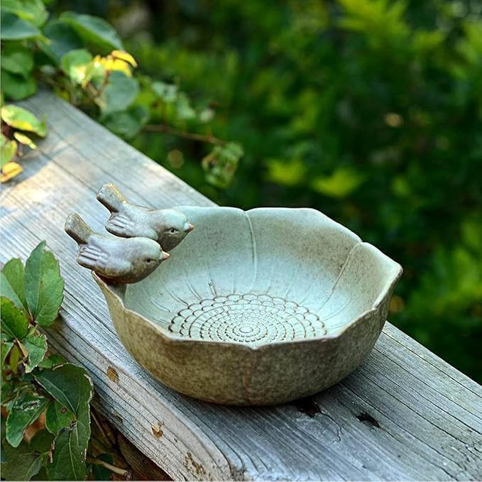 Ceramic Bird Bath for Outdoors,Ground & Tabletop Decor, Ground Feeders Bird Bath Feeding Bowl for Outdoors, Garden Deck, Balcony,Yard, Lawn. (Small birdbath)