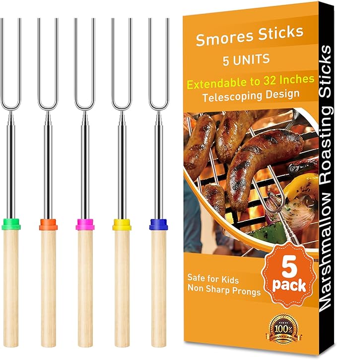 Smores Sticks for Fire Pit – Marshmallow Roasting Sticks & Hot Dog Roasting Sticks, Extendable Stainless Steel Smore Skewers for Campfire Cooking and Camping Essentials, 32 Inch (5-Pack)