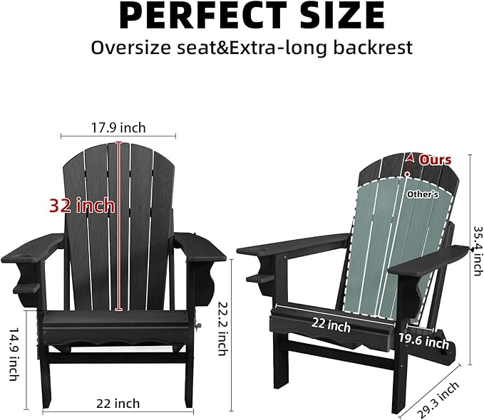Folding Adirondack Chair, HDPE Plastic Black Adirondack Chairs Weather Resistant, Oversized Outdoor Fire Pit Chairs with Cup Holder and Umbrella Hole for Patio Garden, Lawn and Poolside