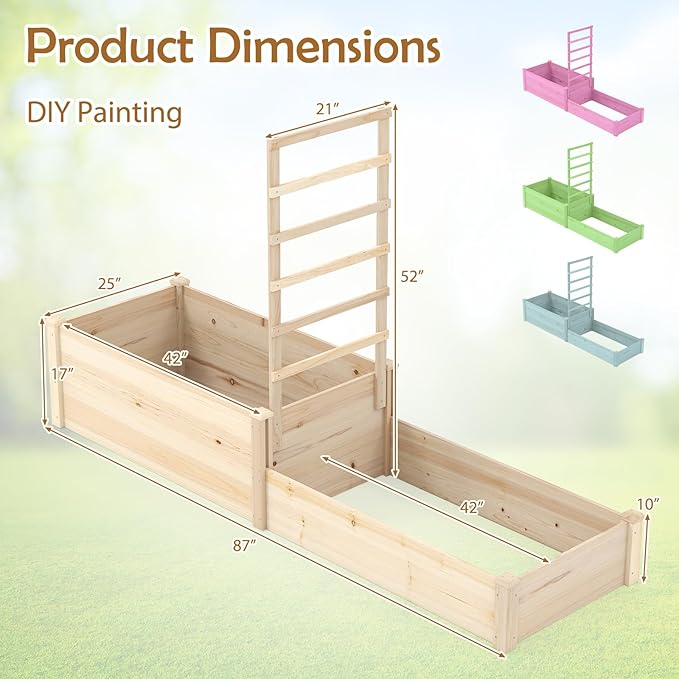 Giantex Wooden Raised Garden Bed with Trellis & 2 Planter Boxes, Raised Bed for Vegetables Flowers Vine Fruits Herbs Gardening Planting, Outdoor Garden Box for Patio Backyard Lawn