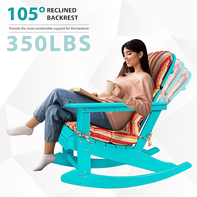 Sundale Outdoor Adirondack Rocking Chair with Cushion, HDPE Patio Plastic All Weather Adirondack Rocker, Water Resistant for Outside, Garden, Pool, Yard, Turquoise