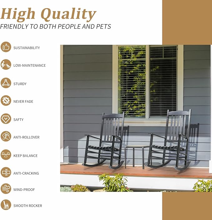Outvita Outdoor Rocking Chair, Solid Wood High Back Rocker, All Weather Lounge Chair for Porch Patio Fire Pit Garden Backyard Deck Indoor, Wave Shape, Black