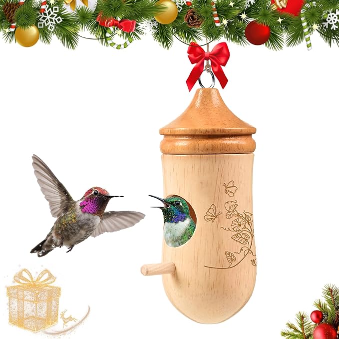 Hummingbird House, Solid Wood Hummingbird Houses for Outside-Exquisitely Handcrafted Birdhouse with Bow and Jute String Hanging Kit, Durable Garden Decor, Perfect Gardening Gift (Style-A, 1 Pack)