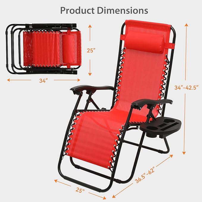 Zero Gravity Chairs, Portable Folding Reclining Lounge Chairs with Adjustable Pillow and Cup Holder Trays for Outdoor, Patio, Beach, Camping, Garden, Poolside, Sun Red