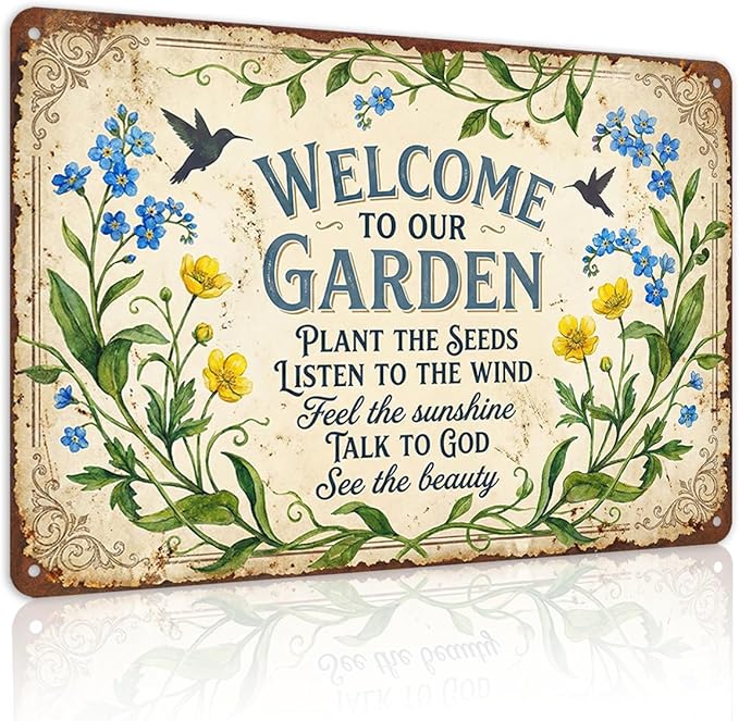 Religious Garden Tin Sign - "Welcome to Our Garden" Inspirational Metal Plaque - 8x12 Aluminum Christian Wall Decor with Bible Verse - Metal Sign Spiritual Gifts for Shed, Mom, Grandma, Prayer Garden