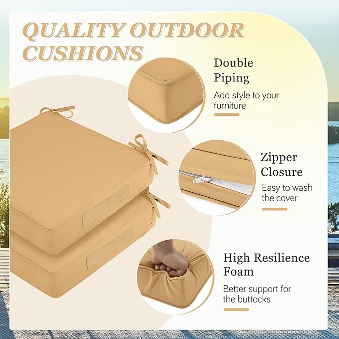 Waterproof Outdoor Chair Cushions Set of 2, Square Outdoor Seat Cushions with Ties and Removable Covers, 19 x 19 Outdoor Cushions for Patio Furniture with Portable Handle(Khaki)