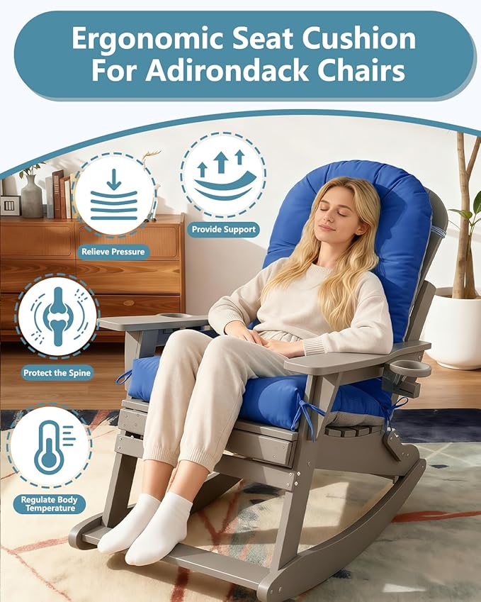 Adirondack Chair Cushion Set of 4, Thickened Patio Chair Cushions with Ties, Waterproof and UV-Protected Rocking Chair Cushion for Indoor and Outdoor, Navy Blue.
