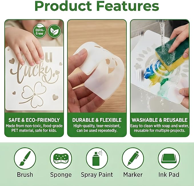 12PCS 6" St. Patricks Stencils for Painting, Plastic St Patricks Day Decoration Stencils for Crafts Reusable, Suitable for Painting on Face Fabric Wood Car & Gift Card