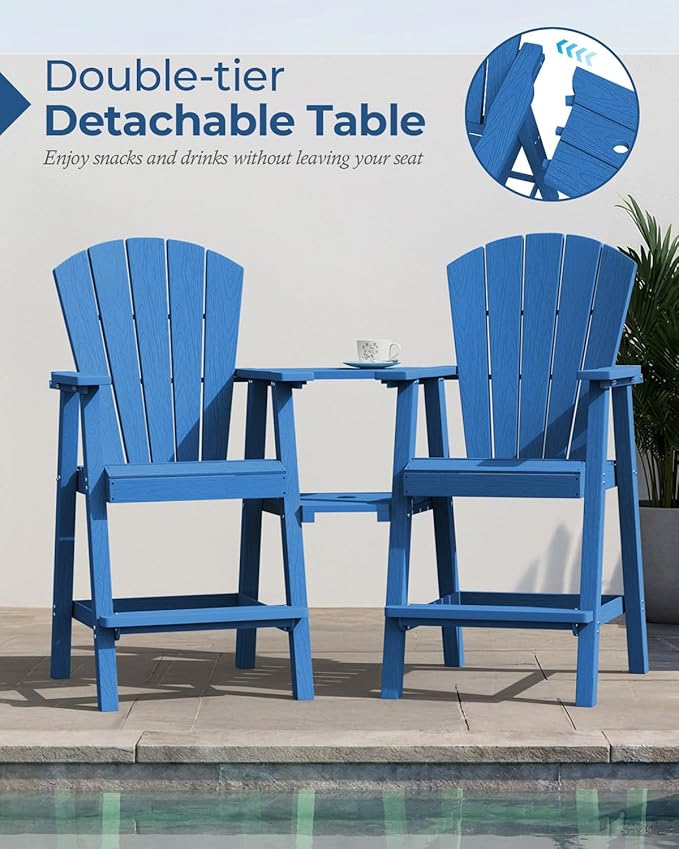 Ciokea Tall Adirondack Chairs Set of 4, HDPE Outdoor Adirondack Bar Stools with Double Connecting Tray, Weather Resistant High Back Adirondack Balcony Chairs for Deck, Lawn, Pool, Backyard, Navy Blue