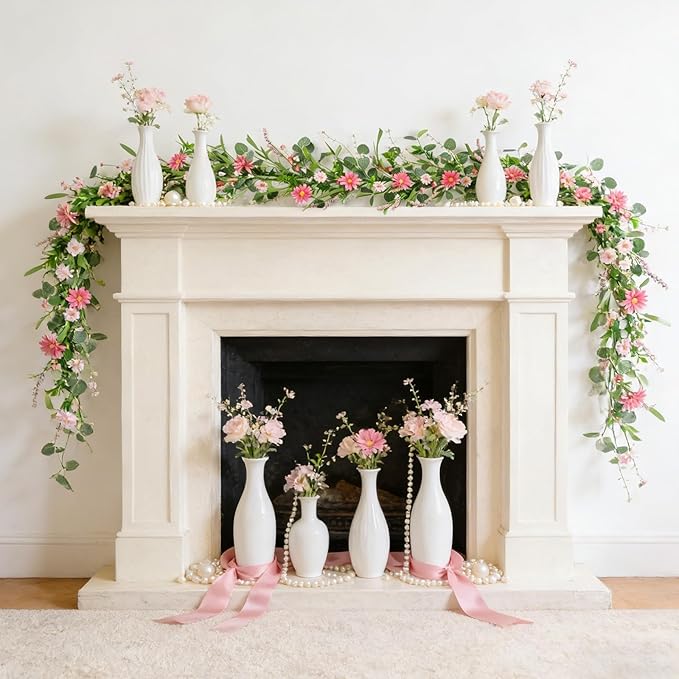 6 Ft Pink Flower Garland Silk Artificial Wildflower Daisy Flowers Faux Floral Garland Spring Flower Hanging Vines with Green Leaves for Fireplace Wedding Arch Wall Home Indoor Outdoor Party Decor