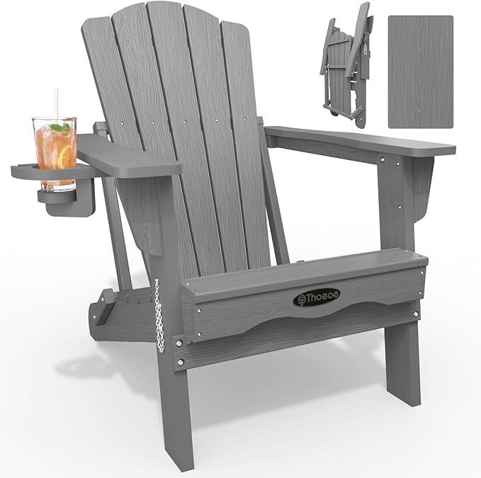 Folding Adirondack Chair,HDPE All-Weather Outdoor Chair with Cup Holder,Wooden Textured,Fire Pit Chair,Plastic Patio Chair for Deck,Backyard,Garden,Lawn(Grey)