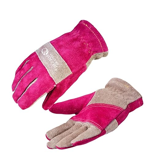Leather Work Gloves for Women with Cotton Lining, Thorn Proof Gardening Gloves for TIG/MIG Welding, Construction (Rose Red, X-Small)