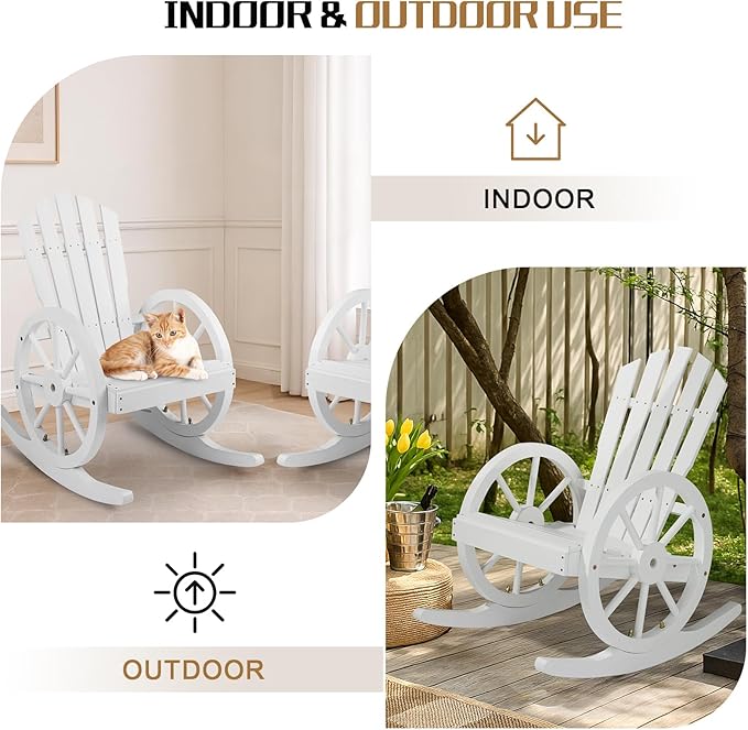Outvita Adirondack Rocking Chair, Wood Wagon Rocker, Outdoor Wooden Carbonized Lounge Chairs with Wheel Armrest for Garden Patio Country Yard Porch(White)