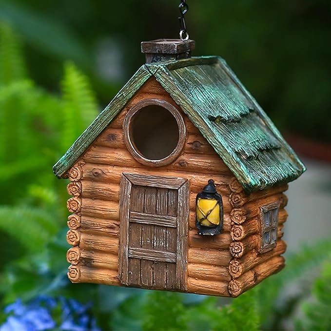 Bird Houses for Outside Real Wood-Look Resin Bird House with Hanging Chain – Waterproof & Durable Forest Birdhouses for Outdoors for Bluebird Finches Cardinals Bird Nesting Garden, Patio, Yard