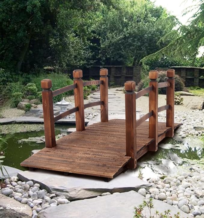 5 ft Garden Bridge, 500 LBS Capacity Arch Bridge Small Wooden Bridge with Safety Rails, Decorative Pond Landscaping, Backyard, Creek or Farm, Brown